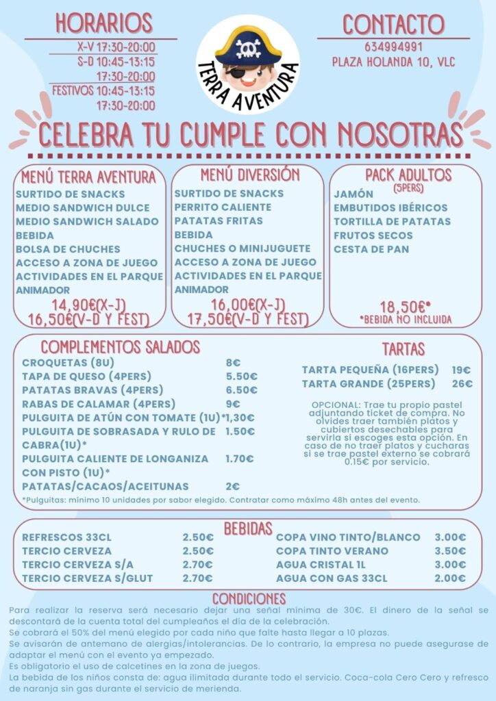 Menú de cumpleaños Terra Aventura